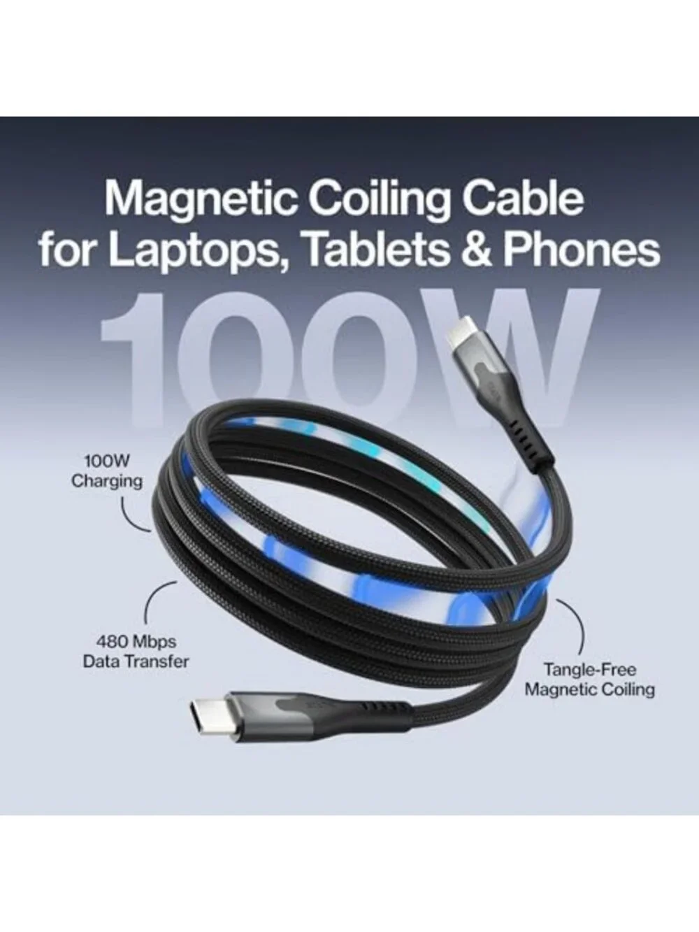 100W Coiling Magnetic USB C to USB C Charging Cable - Fast, Durable